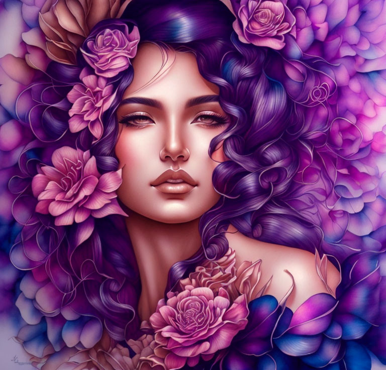 Digital artwork: Woman with purple hair among lush violet and pink flowers