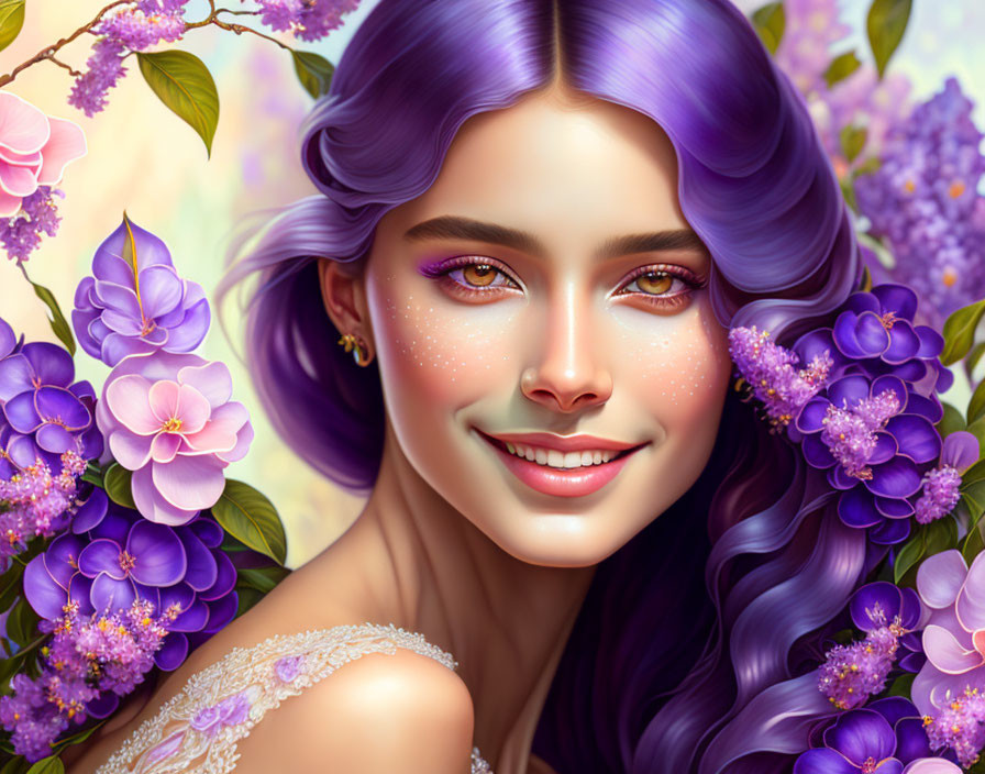 Smiling woman with purple hair among lilac flowers