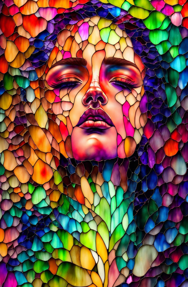 Colorful mosaic portrait of woman with closed eyes in red, orange, yellow, green, and blue