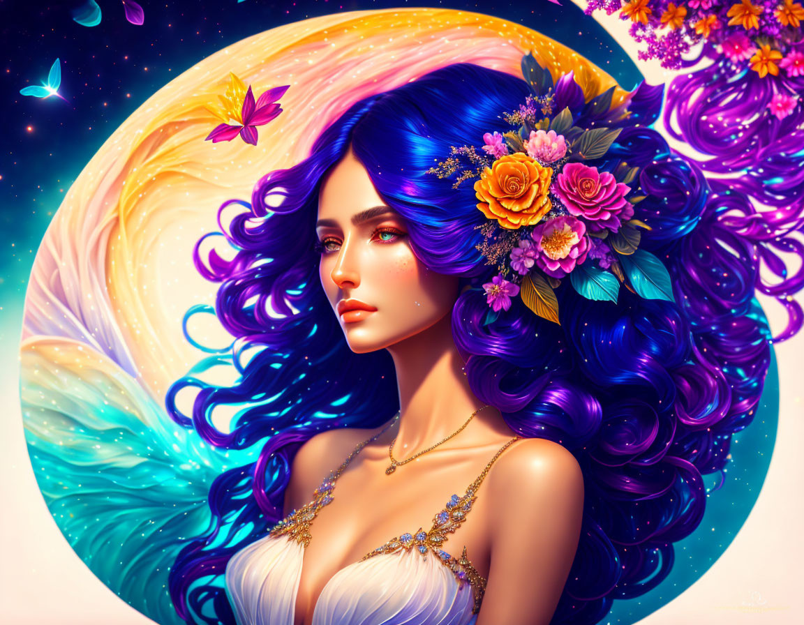 Colorful Woman with Blue Hair and Floral Hairpiece in Cosmic Setting