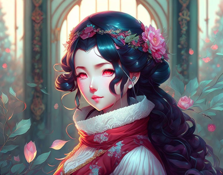 Detailed illustration of a girl with black hair, red eyes, floral headpiece, red & white outfit