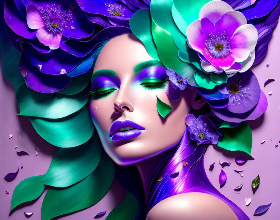 Colorful digital artwork of woman with bold makeup and floral surroundings