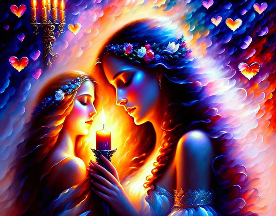 Stylized romantic figures with candle in vibrant heart-shaped colors