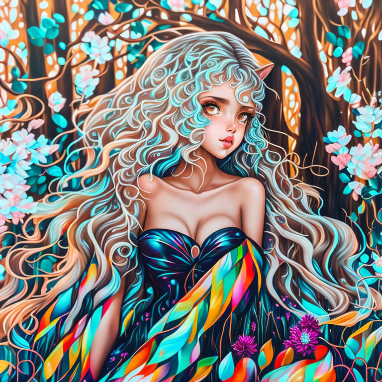 Colorful Illustration: Whimsical Woman with Curly Hair in Floral Setting