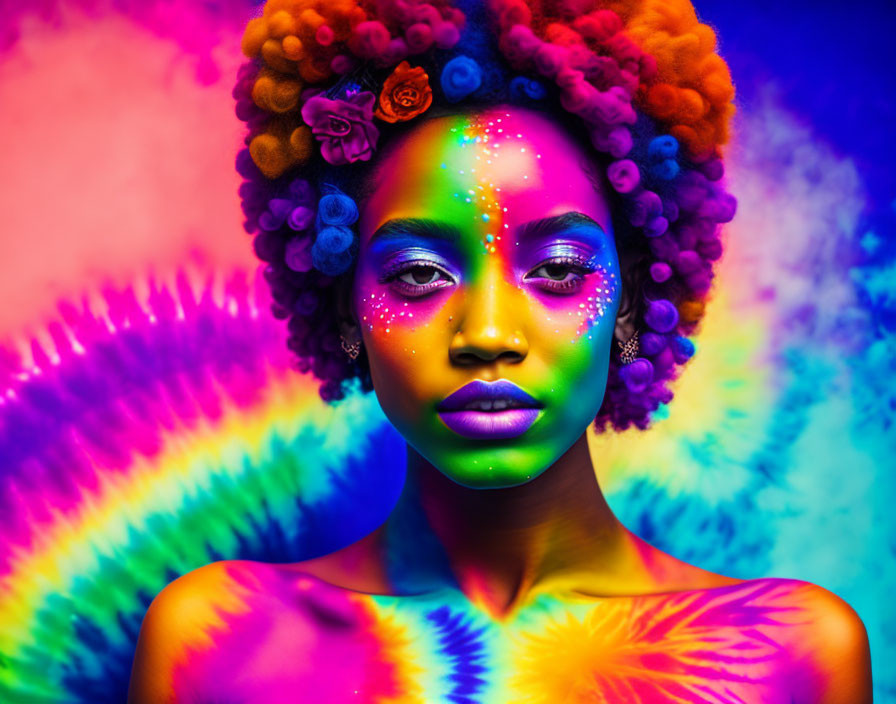 Colorful Woman Portrait with Face Paint and Rainbow Background