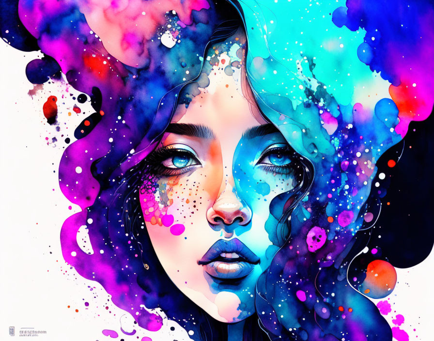 Vibrant watercolor illustration of a woman with blue and purple splashes