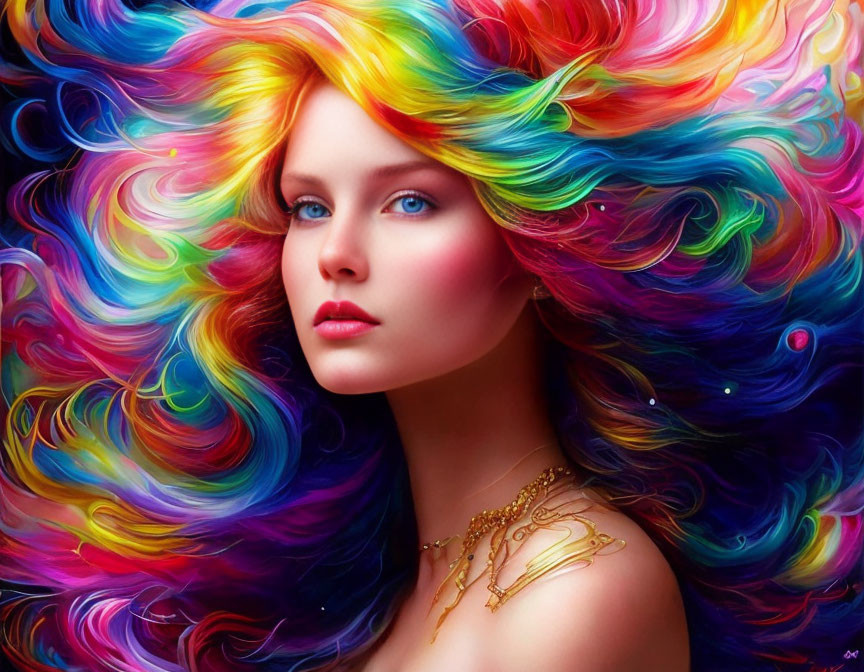 Colorful digital artwork: Woman with flowing multicolored hair and blue eyes, wearing gold shoulder chain