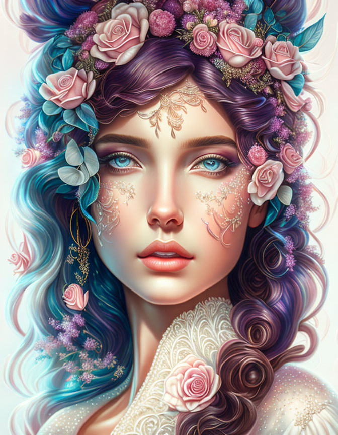 Digital Artwork: Woman with Azure Hair and Floral Crown