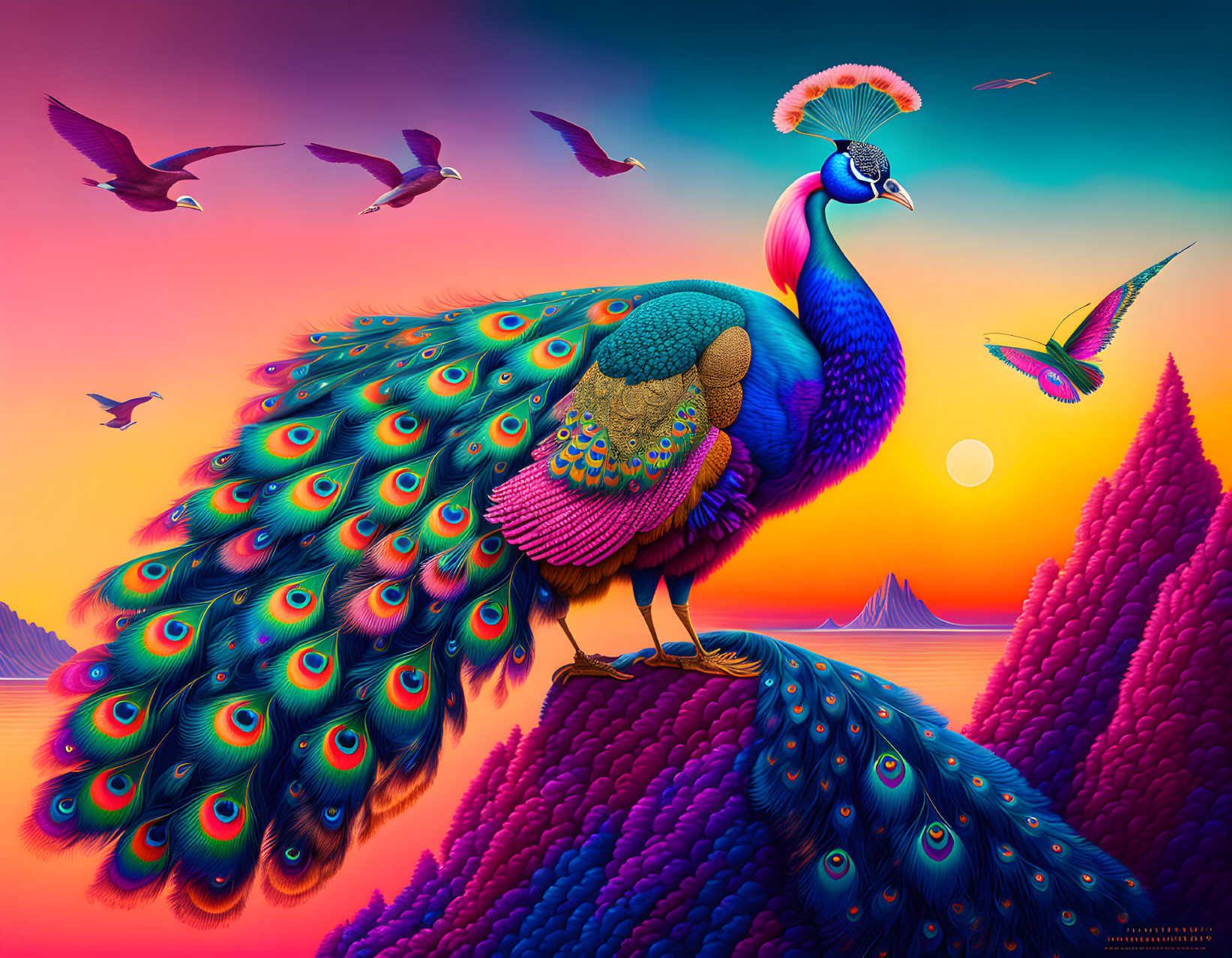 Colorful Peacock Illustration on Vibrant Landscape with Birds and Mountain