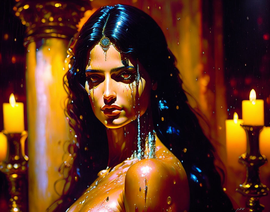 Woman with wet hair and shimmering skin in candlelight with somber expression