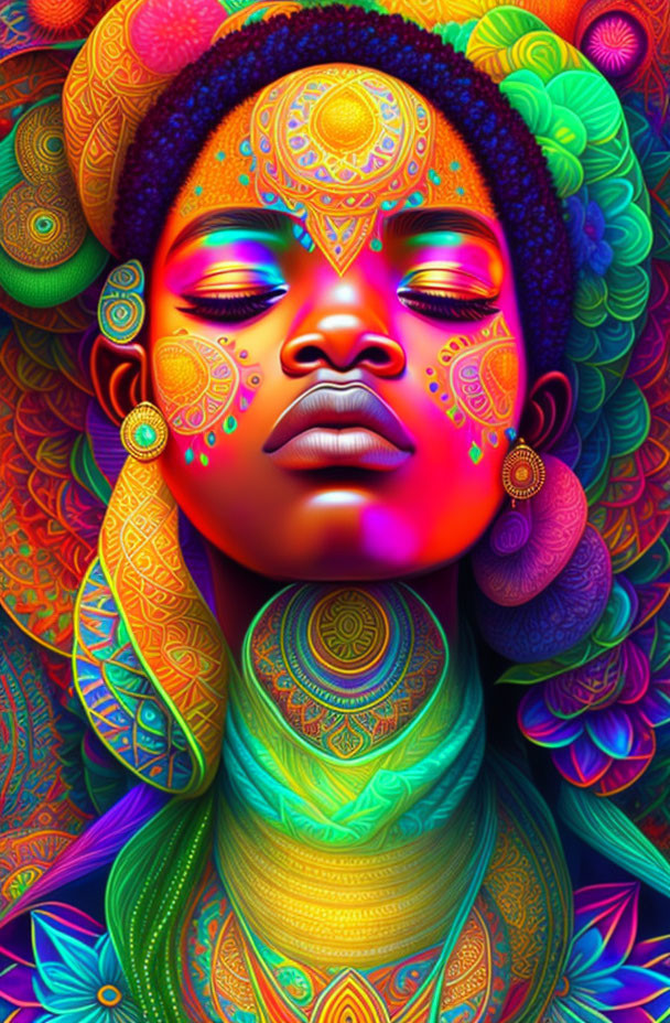 Colorful portrait of female figure with ornate jewelry and closed eyes against psychedelic background