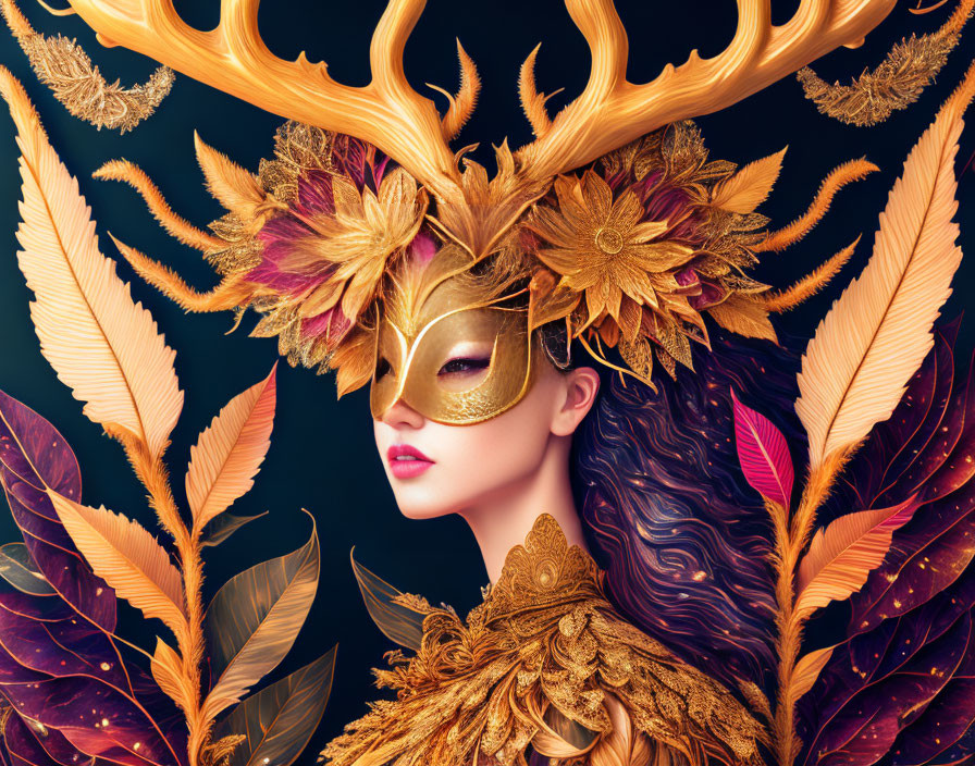 Person wearing ornate golden mask with flowers, leaves, and antlers on dark background