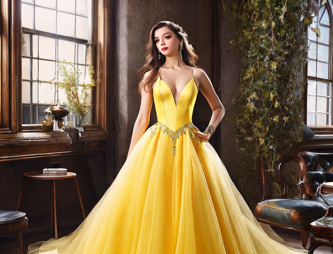 Elegant woman in yellow ball gown in vintage room