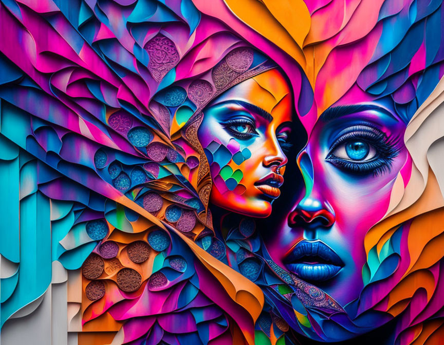 Colorful Artwork: Female Faces Merge with Abstract Feathers and Leaves