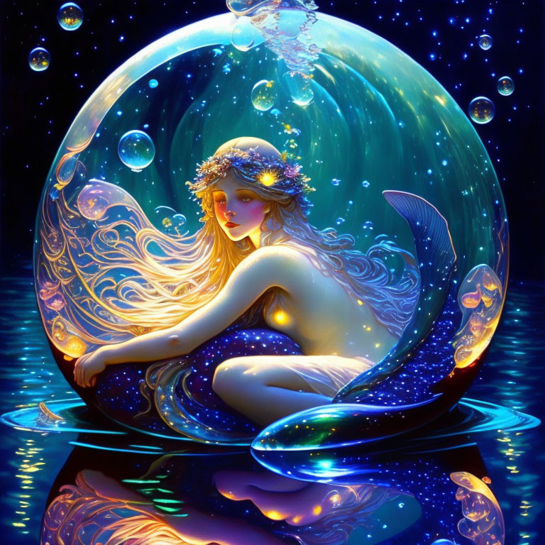 Golden-haired mermaid nestled in crescent moon amid bubbles on starry night