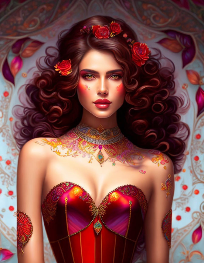 Illustrated portrait of a woman with brown hair, red roses, corset, and jewelry on pattern