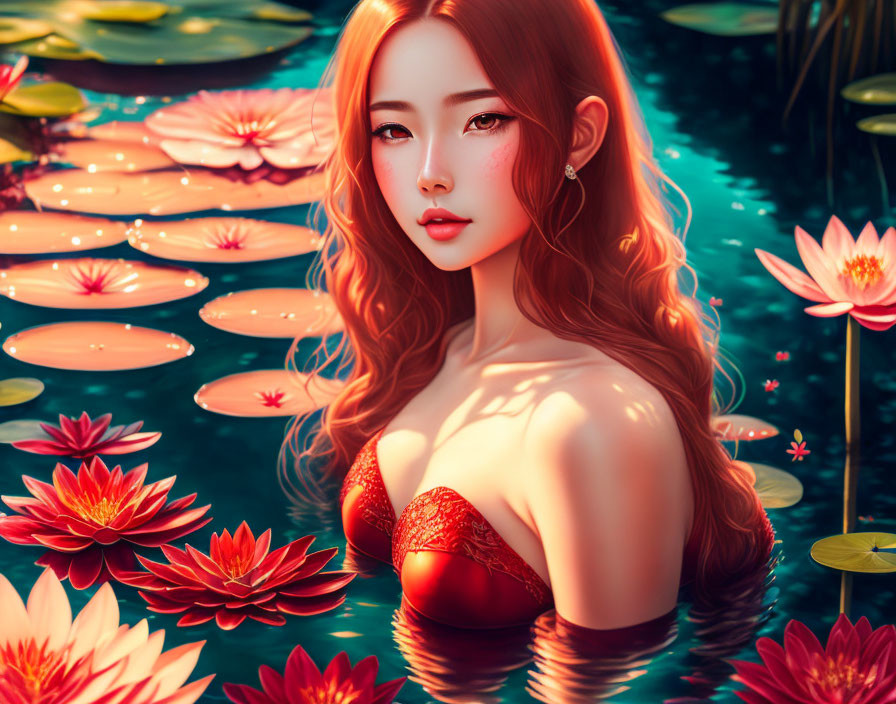 Red-haired woman in red dress emerges from pond with pink water lilies