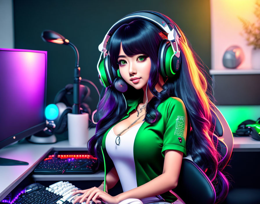 Digital illustration: Woman with vibrant headphones in neon-lit gaming setup