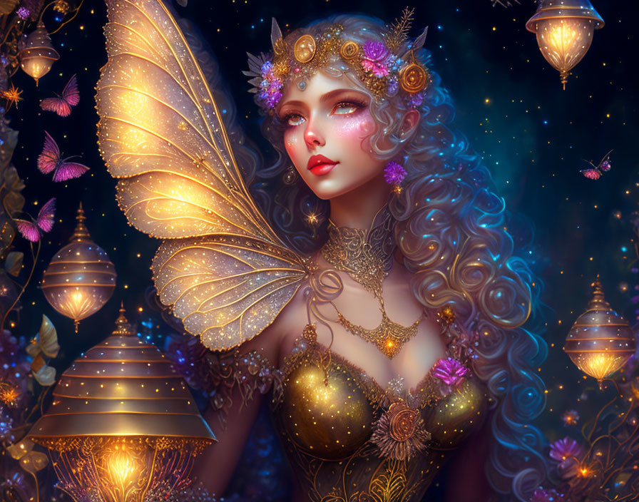 Ethereal fairy with sparkling wings among lanterns, flowers, and butterflies in mystical scene.