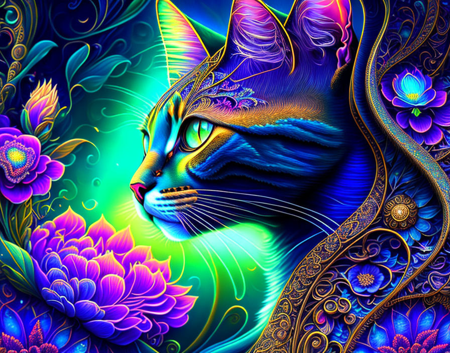 Colorful digital artwork: Blue cat with patterns and native motifs next to purple lotus.