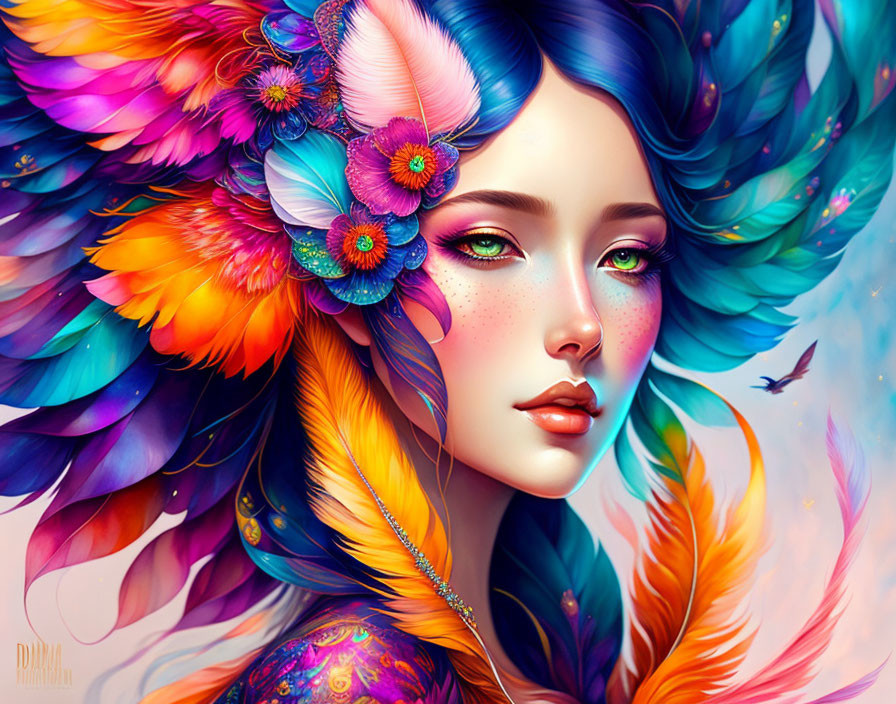 Colorful digital artwork: Woman with feathers and flowers in flowing hair