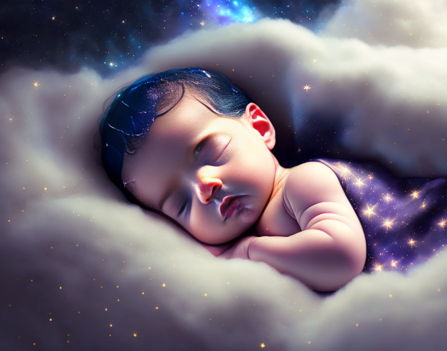 Sleeping baby surrounded by clouds under starry night sky