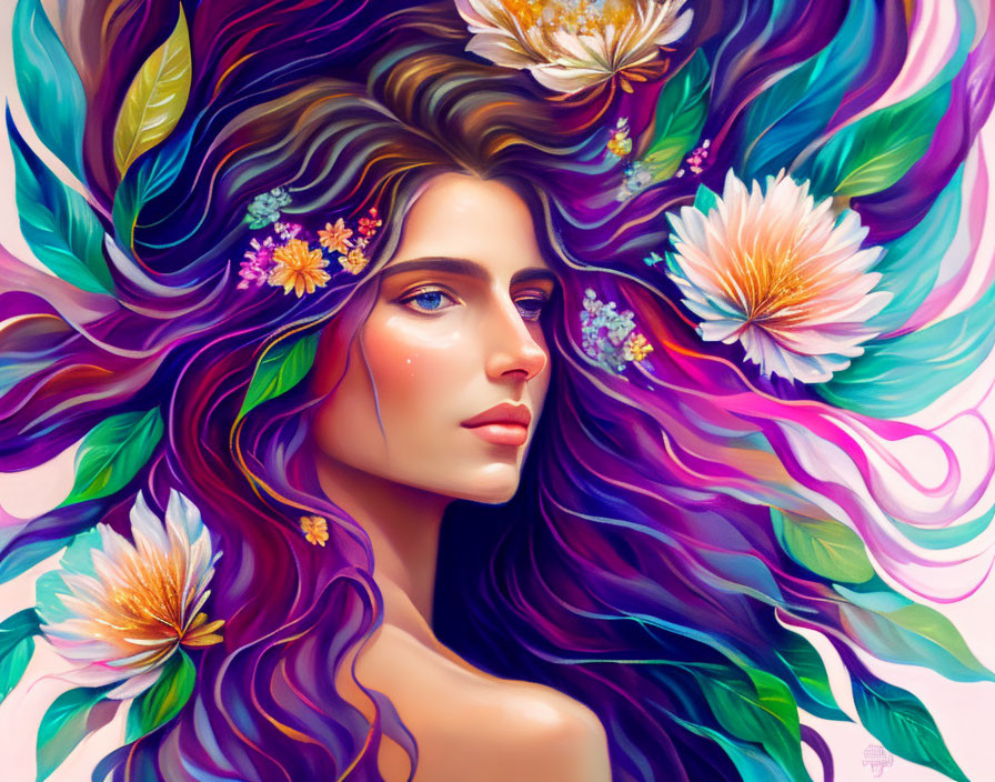 Colorful Woman with Flowing Hair and Flowers on Soft Background