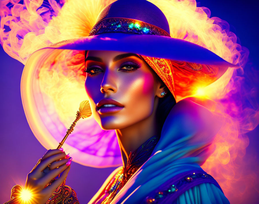 Colorful portrait of a woman with neon makeup and large hat on vibrant backdrop