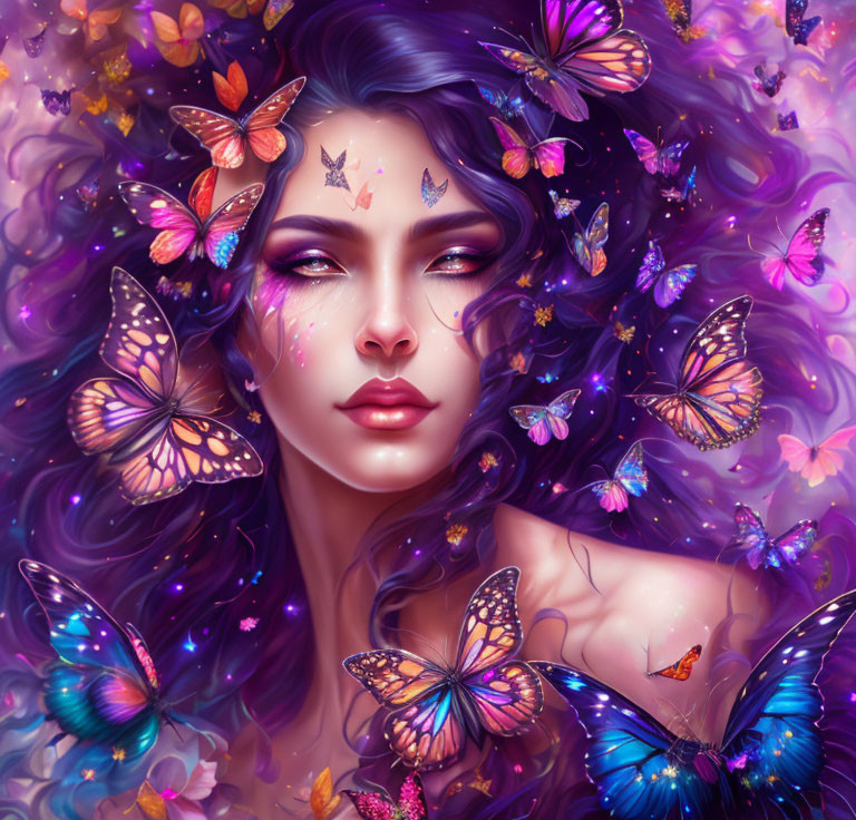 Portrait of a woman surrounded by vibrant butterflies and purple hues