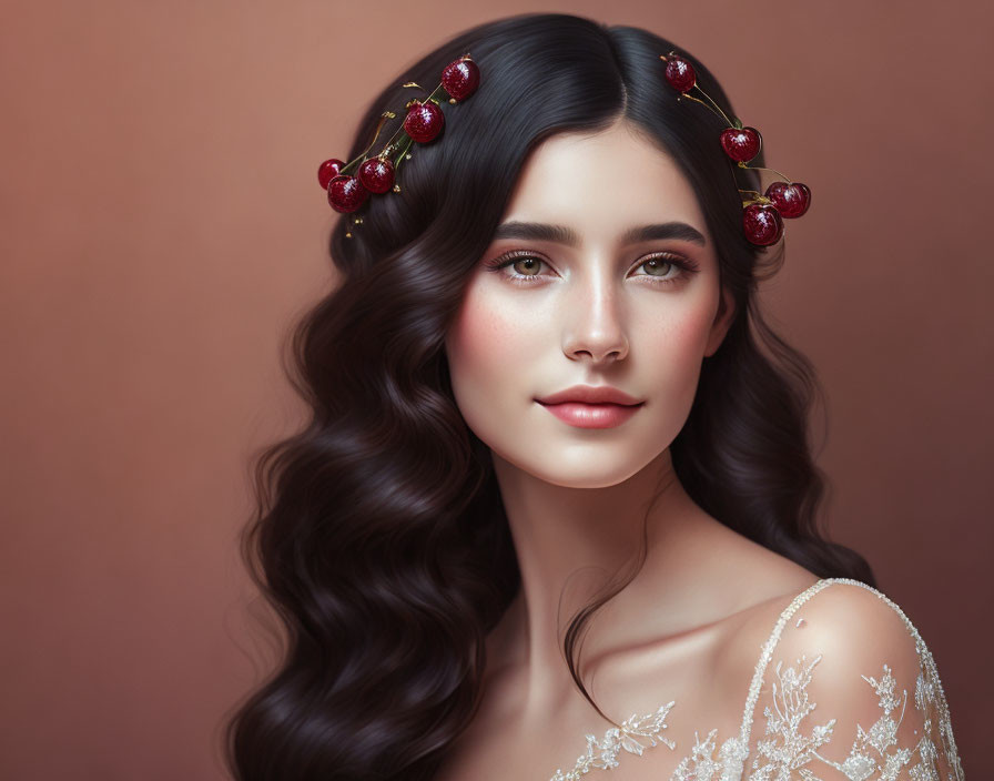 Portrait of Woman with Glossy Dark Hair and Berry Crown on Brown Backdrop