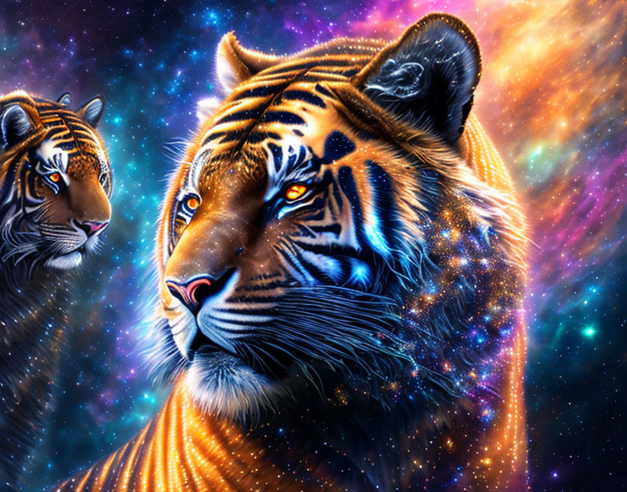 Two tigers in cosmic galaxy setting with intense blues and purples