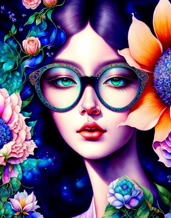 Colorful artwork: woman with purple hair, glasses, surrounded by flowers on starry backdrop