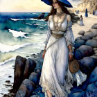 Elaborate period attire woman on tropical beach with palms