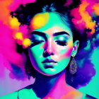 Colorful digital art of woman's face with liquid swirls & vibrant makeup