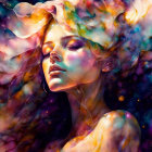 Colorful digital artwork: Woman with flowing hair and flowers