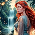 Digital art: Woman with red hair in mystical forest with waterfall, fireflies, butterfly.