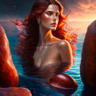 Surreal portrait: Woman with red hair in marine setting with rocks, fish, shells, red