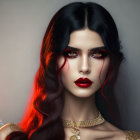 Vibrant red and black hair woman portrait with gold jewelry