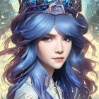 Fantasy queen digital art: blue ombre hair, green eyes, jeweled crown, snowy