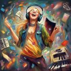 Colorful artwork: Smiling woman with headphones and musical instruments in vibrant scene