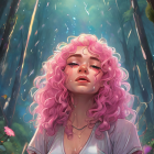 Surreal portrait: Woman with pink hair in forest setting