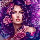 Portrait of a woman surrounded by vibrant butterflies and purple hues