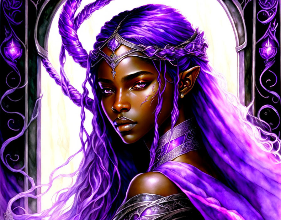 Fantasy illustration of a woman with purple hair and mystical markings