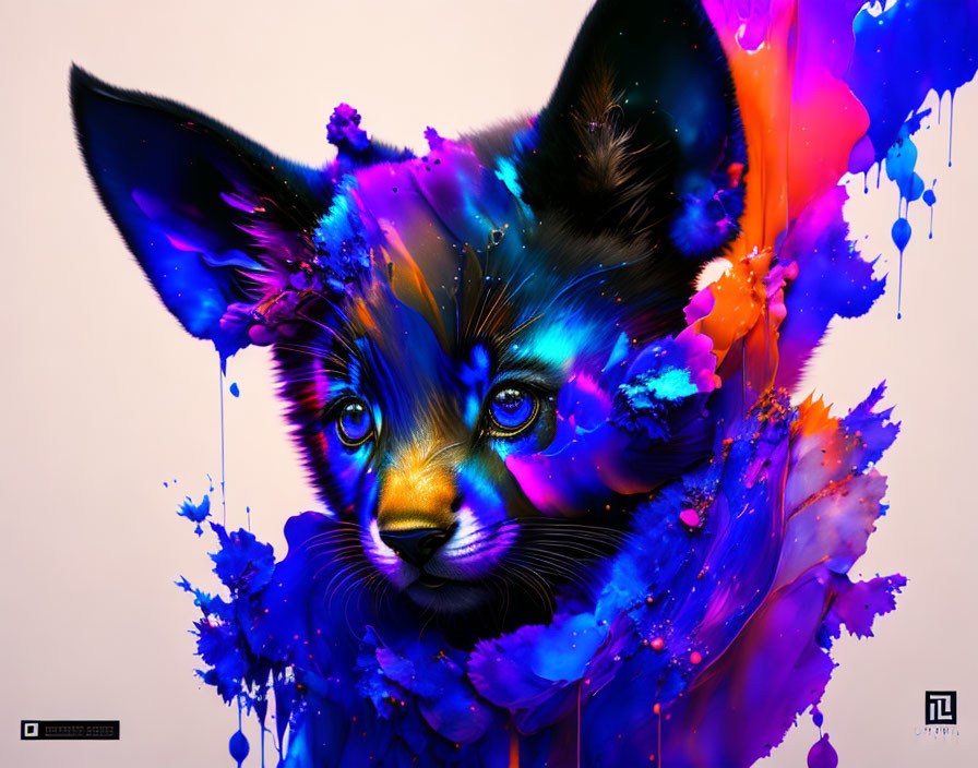 Colorful digital artwork featuring a fox with vibrant splashes and abstract elements