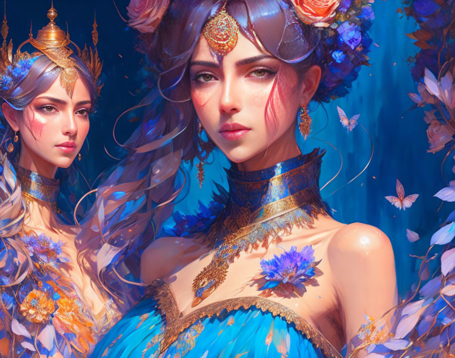 Ethereal women in ornate gold and blue attire with butterflies and flowers.