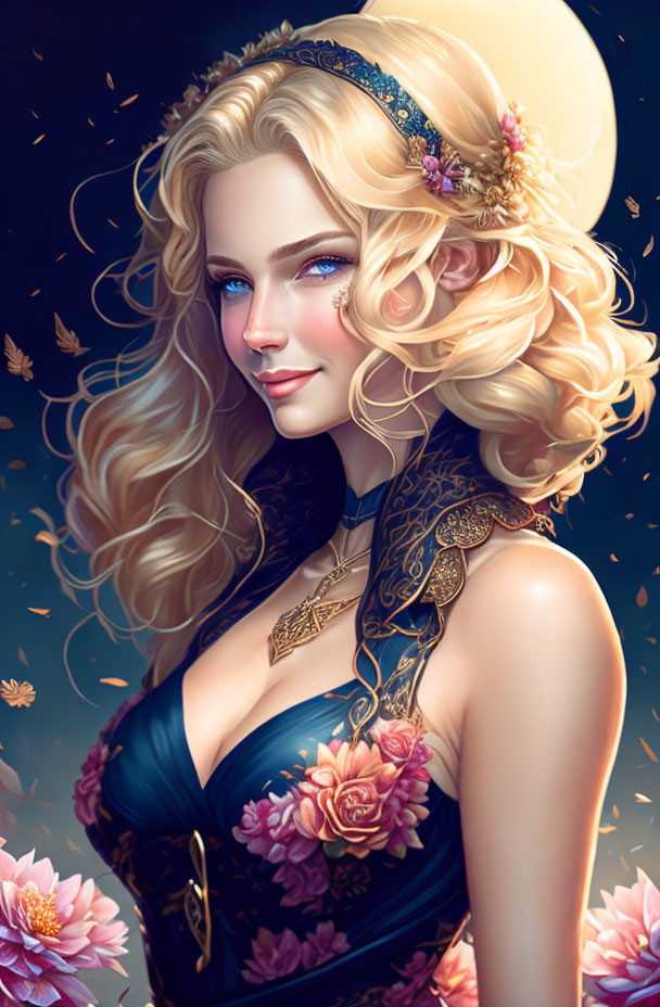 Smiling woman portrait with golden hair, blue eyes, blue dress, jewelry, flowers, and butterflies