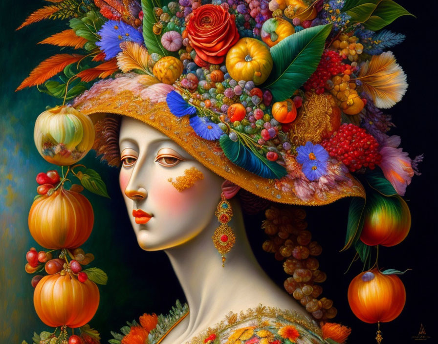 Portrait of woman with pale skin and red lips wearing vibrant fruit and flower hat