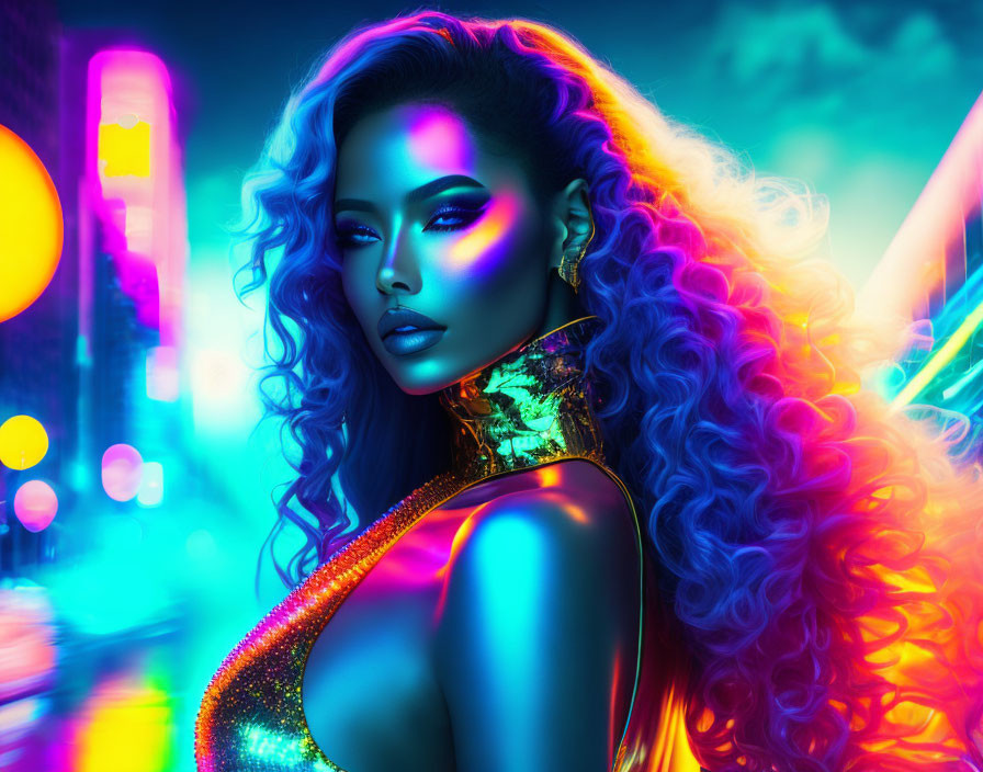 Colorful digital artwork: Woman with curly hair, neon lights, golden outfit, cityscape.