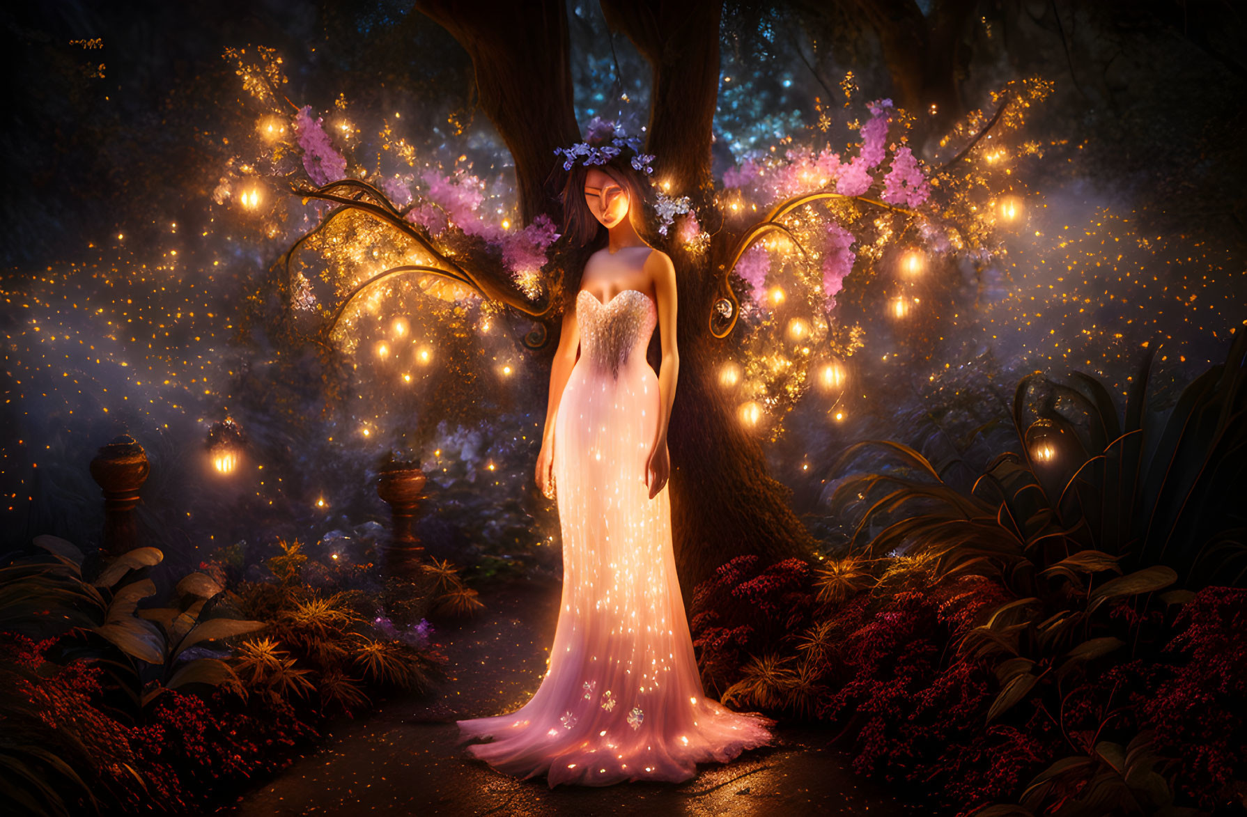 Woman in Glowing Dress in Enchanted Forest at Twilight