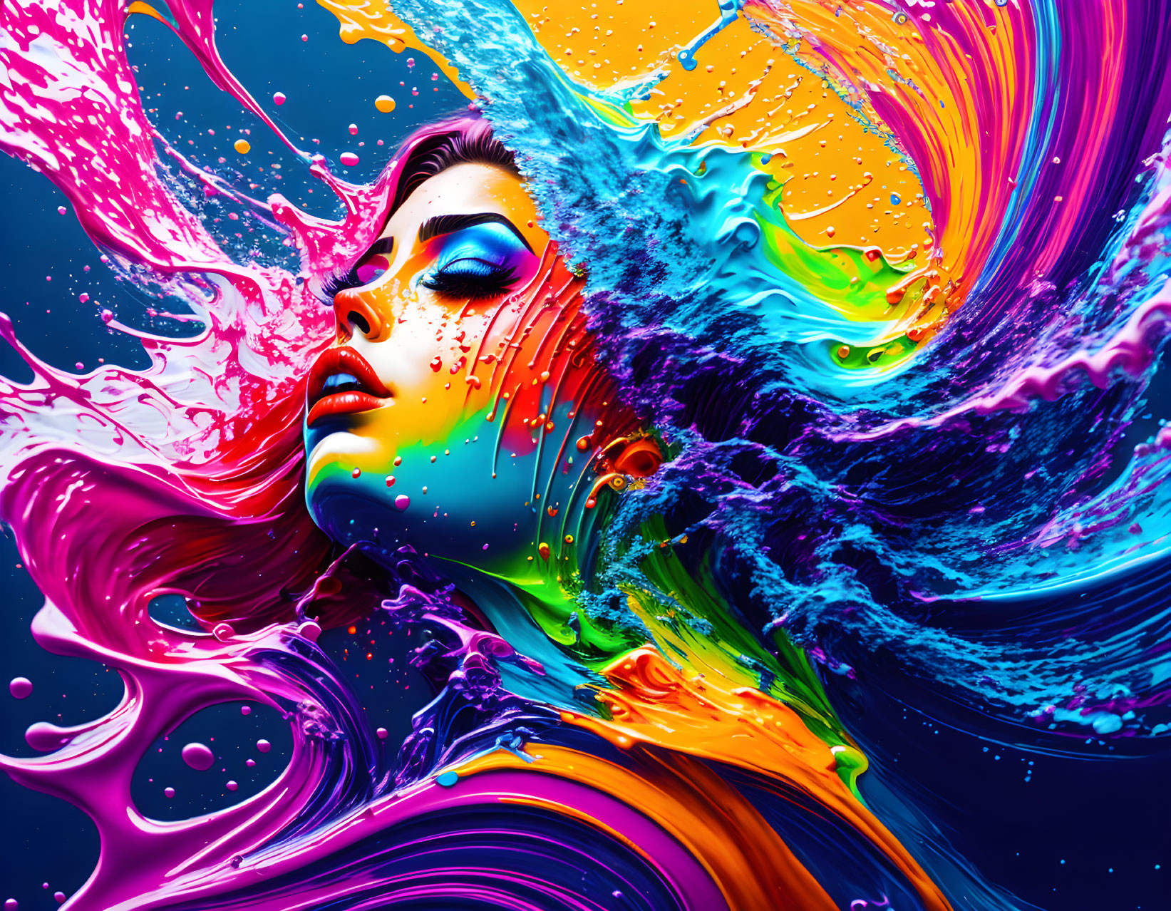 Colorful liquid splashes merge with woman's features